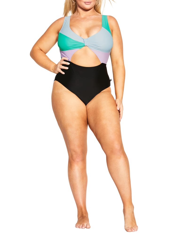 Front of a model wearing a size XS Lulu One Piece Swimsuit in Tropical Splice by City Chic. | dia_product_style_image_id:271682